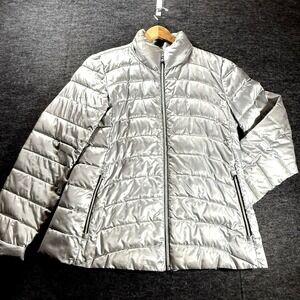 Gap Puffer Jacket Coat Womens Large Silver Full Zip Packable Lightweight Classic